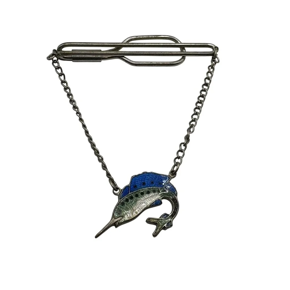 Vintage Tie Bar Clip Enamel‎ Swordfish Silver Tone Dangle Chain Nautical Fish
